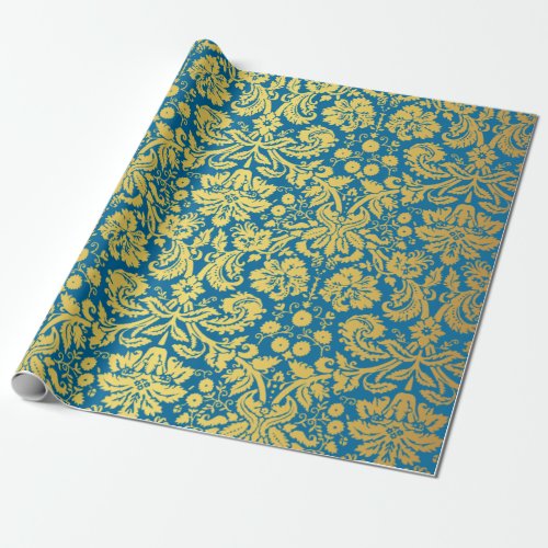 Elegant Blue and Gold Royal Damask Pattern Wrapping Paper