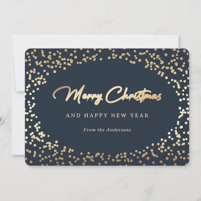 Elegant Blue and Gold Snow Holiday Card (Front)