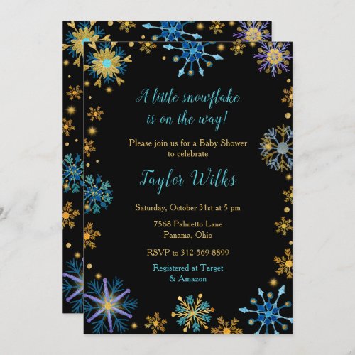 Elegant Blue and Gold Snowflakes Baby Shower Invitation