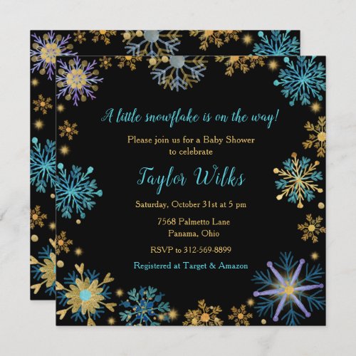 Elegant Blue and Gold Snowflakes Baby Shower Invitation