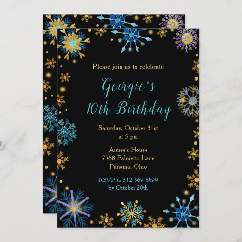 Elegant Blue and Gold Snowflakes Birthday Invitation