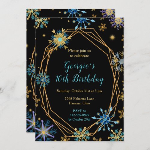 Elegant Blue and Gold Snowflakes Birthday Invitation