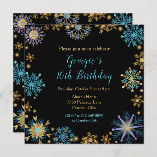 Elegant Blue and Gold Snowflakes Birthday Invitation