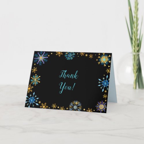 Elegant Blue and Gold Snowflakes Merry Christmas Thank You Card