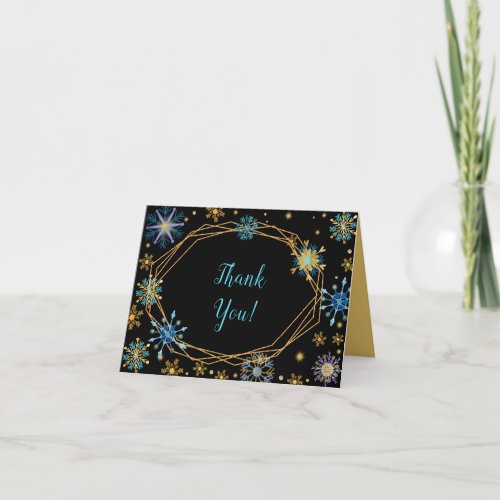 Elegant Blue and Gold Snowflakes Thank You Card