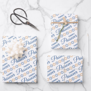Elegant Blue and Gold Star of David Happy Passover Wrapping Paper Sheets