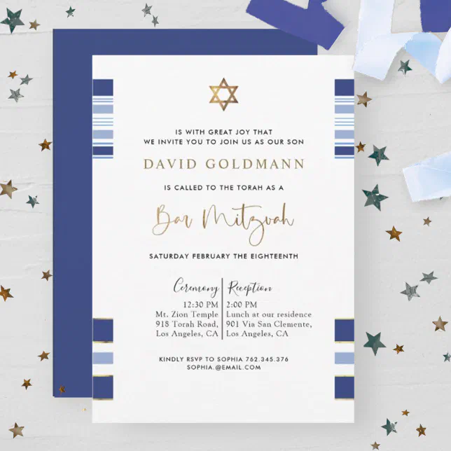 Elegant Blue and Gold Striped Tallit Bar Mitzvah I Invitation | Zazzle