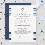 Elegant Blue and Gold Striped Tallit Bar Mitzvah Invitation<br><div class="desc">Invite friends and family with this elegant Bar Mitzvah invitation with blue, navy, white and gold striped tallit design! Ability to add your ceremony and reception, luncheon, dinner or party details! Gold stripes, Bar Mitzvah phrase and star of David in faux gold foil. Modern hand written calligraphy details. Stylish back...</div>