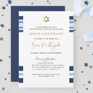 Elegant Blue and Gold Striped Tallit Bar Mitzvah Invitation