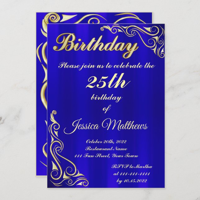 Elegant Blue and Gold Typography Custom Birthday Invitation (Front/Back)