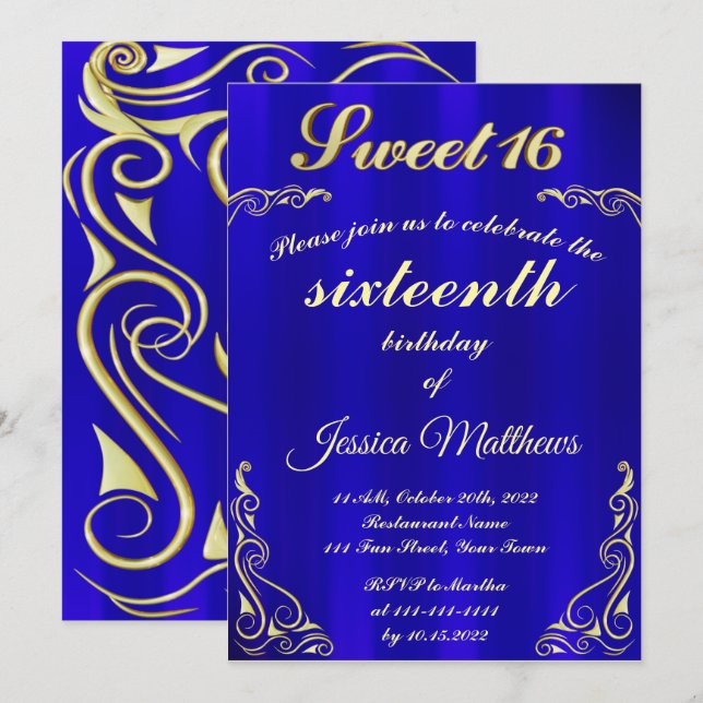 Elegant Blue and Gold Typography Sweet 16 Invitation (Front/Back)