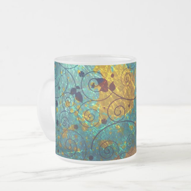 Elegant Blue and Gold Vine Abstract Frosted Glass Coffee Mug (Front Left)