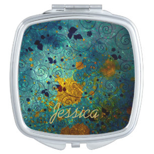 Elegant Blue and Gold Vine Abstract Personalised Compact Mirror