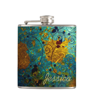 Elegant Blue and Gold Vine Abstract Personalised Flask