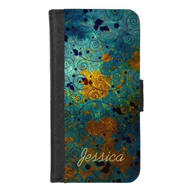 Elegant Blue and Gold Vine Abstract Personalised iPhone Wallet Case (Front)