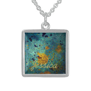 Elegant Blue and Gold Vine Abstract Personalised Sterling Silver Necklace