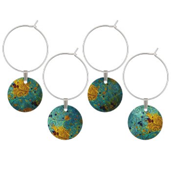 Elegant Blue And Gold Vine Abstract Wine Charm by LouiseBDesigns at Zazzle