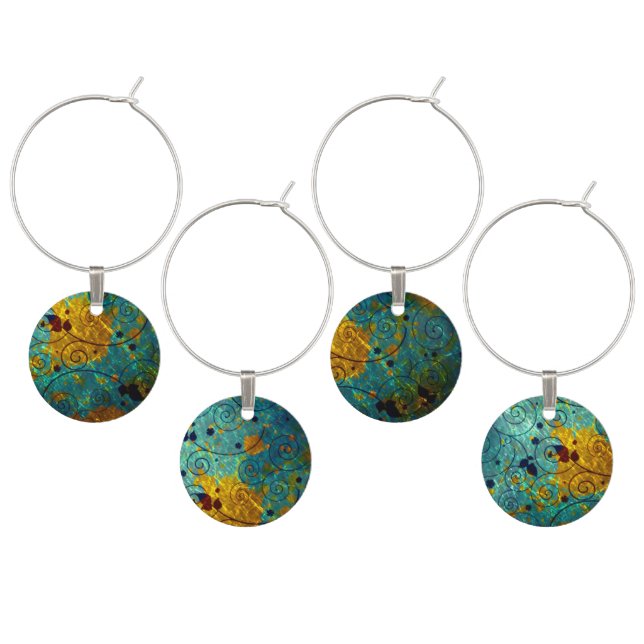 Elegant Blue and Gold Vine Abstract Wine Charm (Staggered)
