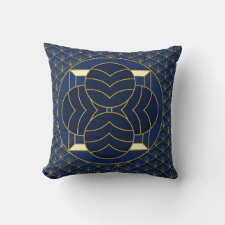 Elegant Blue and Gold vintage Deco Geometric Art Throw Pillow