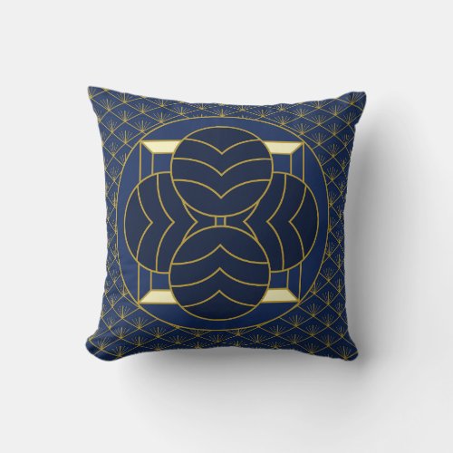 Elegant Blue and Gold vintage Deco Geometric Art  Throw Pillow