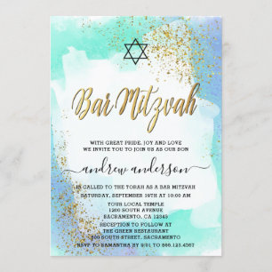 Elegant Blue And Gold Watercolor Bar Mitzvah Invitation