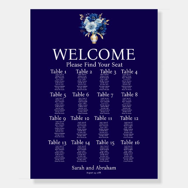 Elegant Blue and Gold Wedding Seating Chart Foam Board (Front)