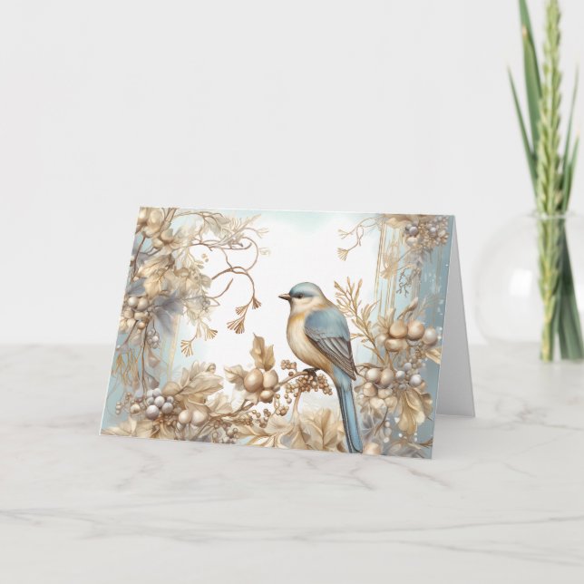 Elegant Blue and Gold Winter Bird Design   Card (Front)