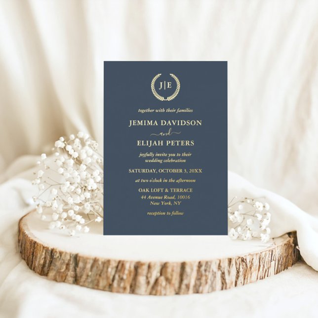 Elegant Blue and Gold Wreath Monogram Wedding Foil Invitation (Creator Uploaded)