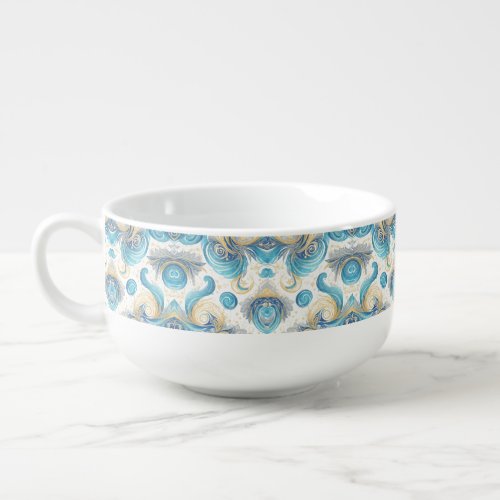 Elegant blue and golden swirls latte mug  soup mug