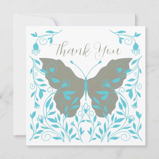 Elegant Blue and Gray Butterfly Thank You Note Card (Front)