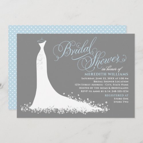 Elegant Blue and Gray Wedding Gown Bridal Shower Invitation