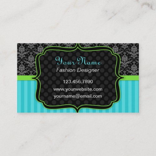 Elegant Blue and Green, Black Damask Business Card