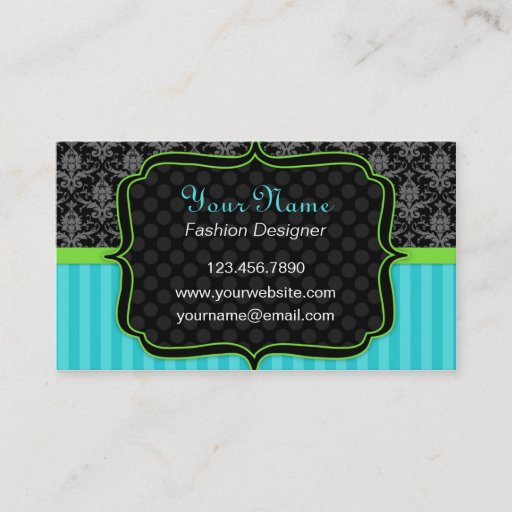Customizable Elegant Blue and Green, Black Damask Business Card