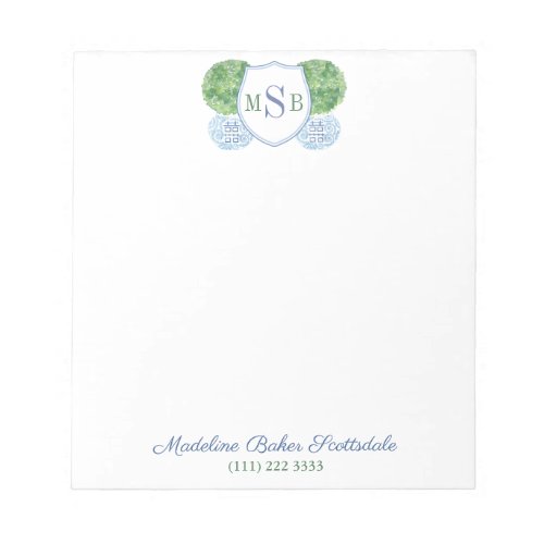 Elegant Blue And Green Boxwood Monogram Notepad
