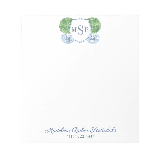 Elegant Blue And Green Boxwood Monogram Notepad (Front)