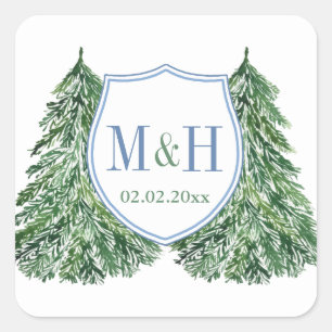 Elegant Blue And Green Forest Winter Wedding Logo Square Sticker