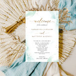 Elegant Blue and Green Watercolor Wedding Program<br><div class="desc">Elegant Wedding program with delicate watercolor stains background in turquoise, aqua, dusty blue and soft green hues. Gold details in speckles and modern hand written calligraphy. Ability to make text changes and adjustments by selecting customize further. Front with wedding ceremony details, back with wedding party names and thank you message...</div>