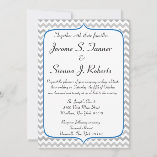 Elegant Blue and Grey Chevron Wedding Invitation