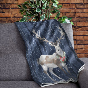 Elegant Blue and Grey Snowy Reindeer Christmas Fleece Blanket