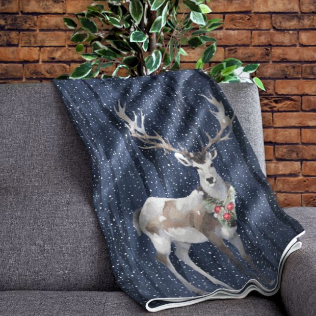 Elegant Blue and Grey Snowy Reindeer Christmas  Fleece Blanket (Creator Uploaded)