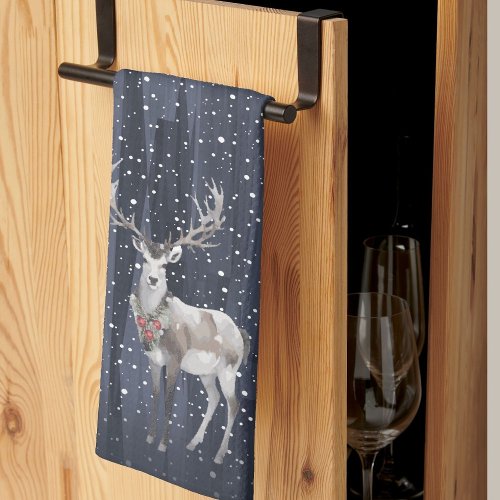 Elegant Blue and Grey Snowy Reindeer Christmas  Kitchen Towel
