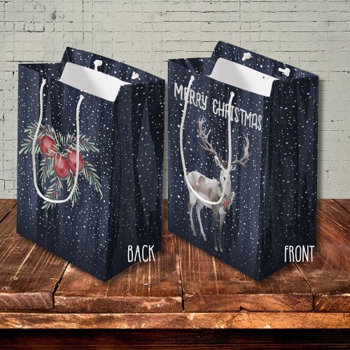 Elegant Blue and Grey Snowy Reindeer Christmas  Medium Gift Bag