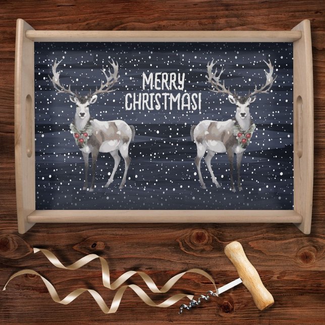 Elegant Blue and Grey Snowy Reindeer Christmas  Serving Tray (Creator Uploaded)