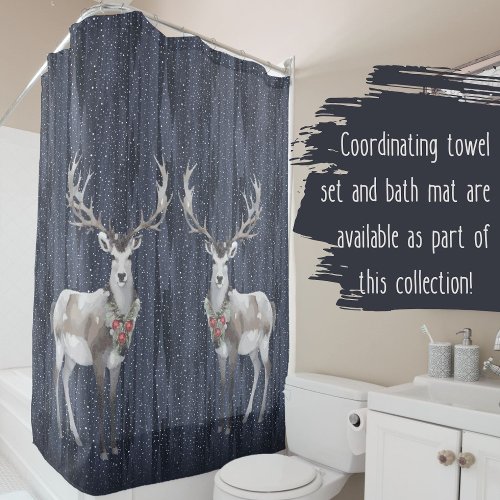 Elegant Blue and Grey Snowy Reindeer Christmas  Shower Curtain