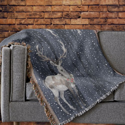 Elegant Blue and Grey Snowy Reindeer Christmas  Throw Blanket