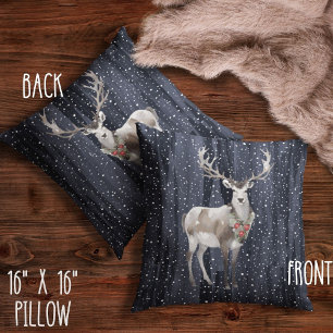 Elegant Blue and Grey Snowy Reindeer Christmas Throw Pillow