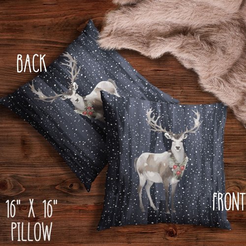 Elegant Blue and Grey Snowy Reindeer Christmas  Throw Pillow