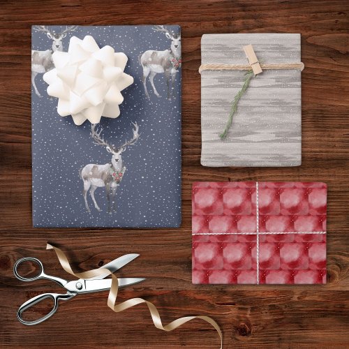 Elegant Blue and Grey Snowy Reindeer Christmas  Wrapping Paper Sheets