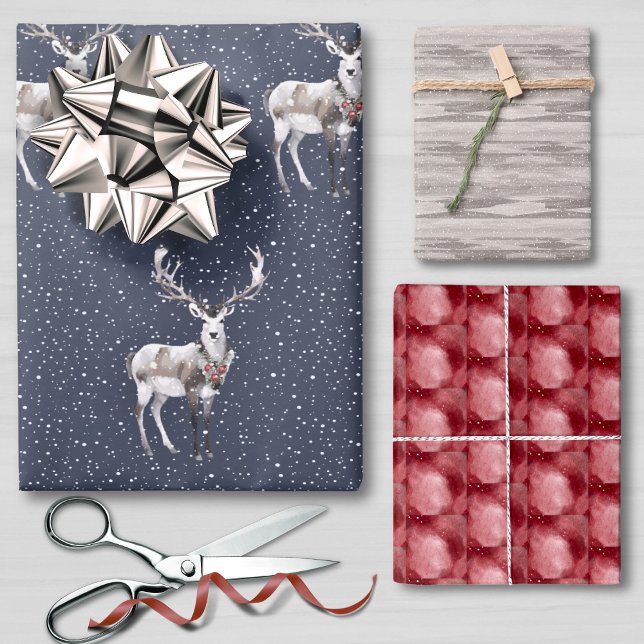 Elegant Blue and Grey Snowy Reindeer Christmas  Wrapping Paper Sheets (Creator Uploaded)