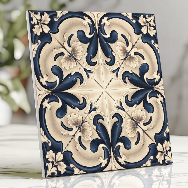 Elegant Blue and Ivory Baroque Ceramic Tile (Creator Uploaded)